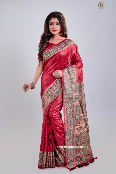 Wine Red Madhubani Tussar